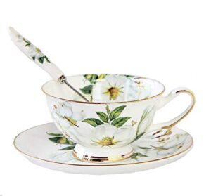 gift set vintage fine bone china tea cup spoon and saucer set gold trim fine dining and table décor (white camellia)