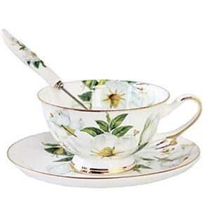 Gift Set Vintage Fine Bone China Tea Cup Spoon and Saucer Set Gold Trim Fine Dining and Table Décor (White Camellia)