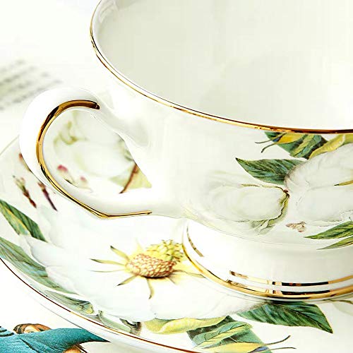 Gift Set Vintage Fine Bone China Tea Cup Spoon and Saucer Set Gold Trim Fine Dining and Table Décor (White Camellia)