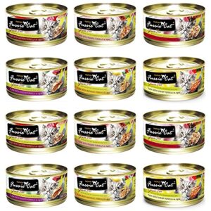 fussie cat premium grain-free canned wet food variety bundle - 2.8 oz. - tuna with chicken, tuna with shrimp, tuna with oceanfish, tuna with salmon, tuna with mussels, and tuna with prawns (12 pack)