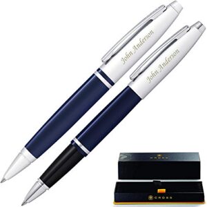 cross pen set | engraved/personalized cross calais ballpoint and rollerball double pen gift set with case - blue. engraved gift for man or women, with your custom name or message