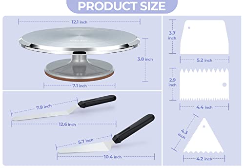 Cake Turntable, Ohuhu Aluminium 12'' Cake Decorating Kit Supplies Rotating Cake Stand Revolving Spinner Table Baking Kits with 2 Icing Spatula 3 Comb Icing Smoother Professional Lazy Susan Decor Gift