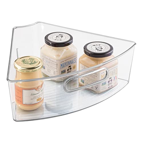 mDesign Kitchen Cabinet Plastic Lazy Susan Storage Organizer Bins with Front Handle - Large Pie-Shaped 1/6 Wedge - Ligne Collection - Clear