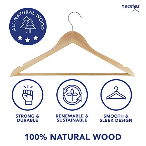 Neaties Natural Wood Hangers | Natural Finish | with 360° Degree Swivel Hook & Smooth Cut Notches | 24 Pack