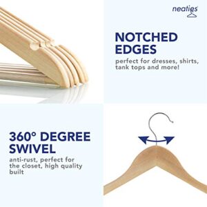 Neaties Natural Wood Hangers | Natural Finish | with 360° Degree Swivel Hook & Smooth Cut Notches | 24 Pack