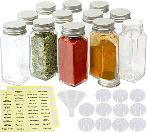 Simple Houseware Spice Jars 4 Ounce Square Bottles w/label, 12 Pack