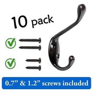 Ambipolar 10 Pack Heavy Duty Metal Decorative Dual Coat Hook/Hat Hook - Wall Mounted (Two Types of Screws Included), Wall Hook, Double Coat Hanger, 3-1/2", 10 Pack (Oil Rubbed Bronze).