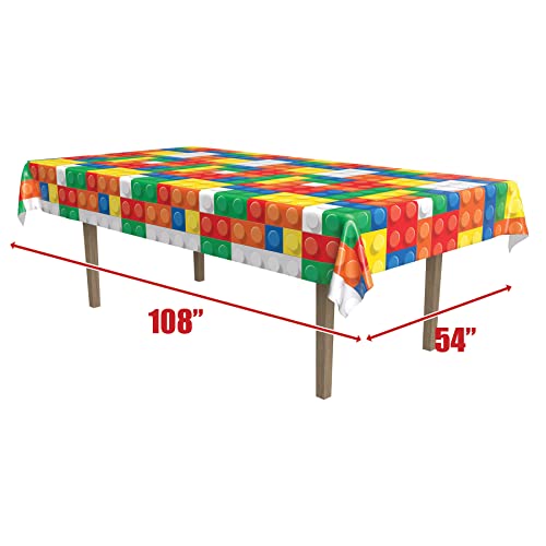 Beistle Building Blocks Tablecovers, 54” x 108”, 2 Pieces – Plastic Table Cloth, Building Block Party Supplies, Birthday Party Decorations, Rectangular Table Cloth, Party Decor