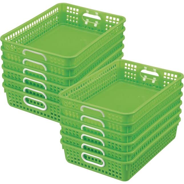 Really Good Stuff Plastic Desktop Paper Storage Baskets for Classroom or Home Use – 14”x10” Plastic Mesh Baskets Keep Papers Crease-Free and Secure – Green Neon Baskets With White Handles (Set of 12)