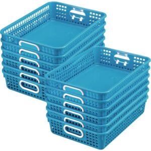really good stuff plastic desktop paper storage baskets for classroom or home use – 14”x10” plastic mesh baskets keep papers crease-free and secure – blue neon baskets with white handles (set of 12)