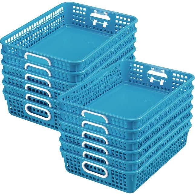 Really Good Stuff Plastic Desktop Paper Storage Baskets for Classroom or Home Use – 14”x10” Plastic Mesh Baskets Keep Papers Crease-Free and Secure – Blue Neon Baskets With White Handles (Set of 12)