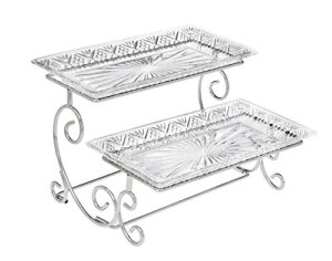 godinger silver art dublin 2 tiered glass buffet serving tray - chrome plated platter stand with starburst design - party and event dessert and food display server