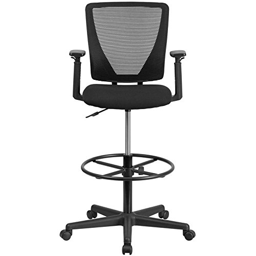Flash Furniture Harper Ergonomic Mid-Back Mesh Drafting Chair with Black Fabric Seat, Adjustable Foot Ring and Adjustable Arms