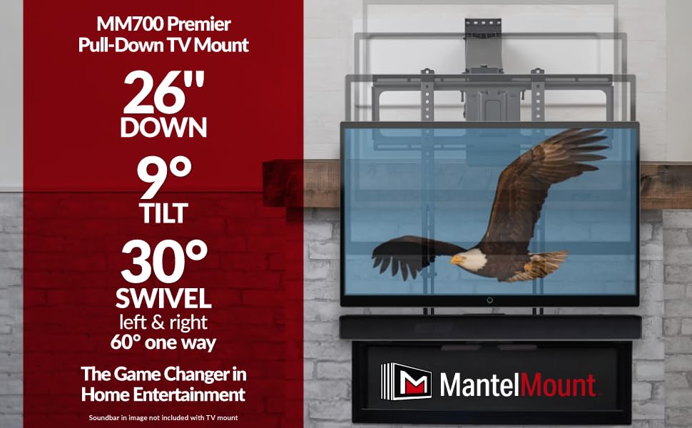 MantelMount MM700 Premier Fireplace TV Mount Pull Down Bracket for 50"-90" & 25-115 lb Televisions Above Mantel