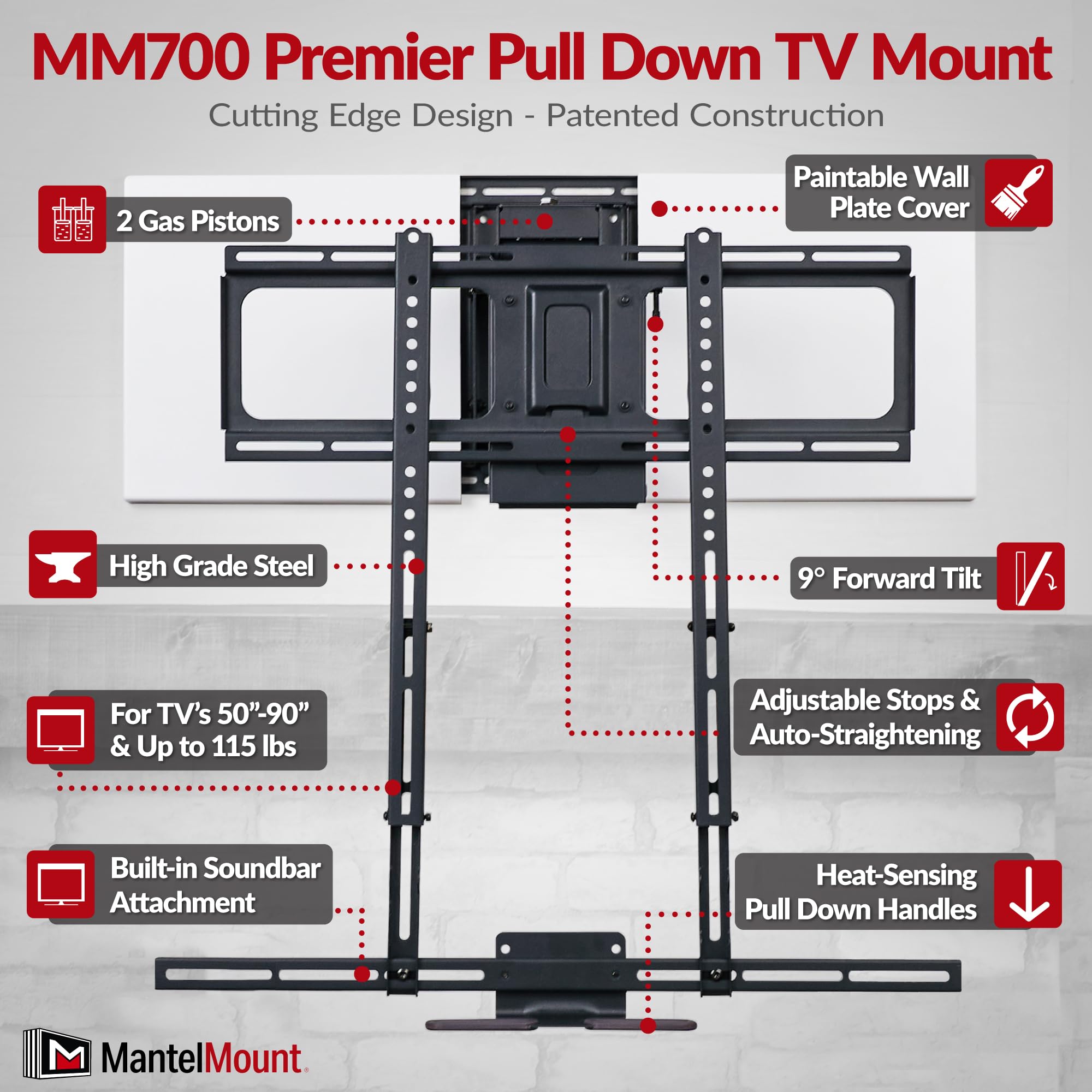 MantelMount MM700 Premier Fireplace TV Mount Pull Down Bracket for 50"-90" & 25-115 lb Televisions Above Mantel