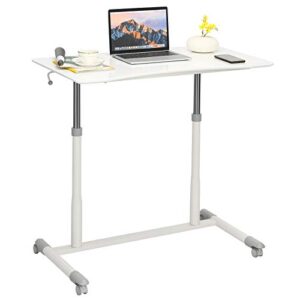 tangkula mobile computer desk with steel frame, small height adjustable rolling compact stand up desk on wheels, mdf pvc tabletop, ideal for home office, white