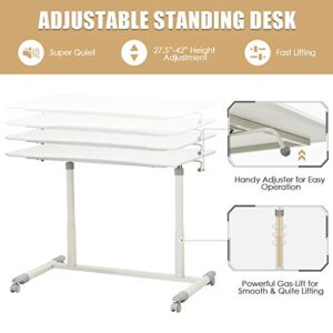 Tangkula Mobile Computer Desk with Steel Frame, Small Height Adjustable Rolling Compact Stand Up Desk on Wheels, MDF PVC Tabletop, Ideal for Home Office, White