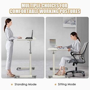Tangkula Mobile Computer Desk with Steel Frame, Small Height Adjustable Rolling Compact Stand Up Desk on Wheels, MDF PVC Tabletop, Ideal for Home Office, White
