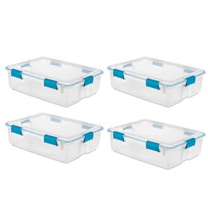 sterilite multipurpose 37 quart clear plastic under-bed storage tote bins with secure gasket latching lids for home organization, (4 pack)