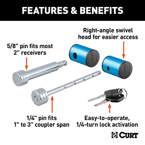 CURT 23505 Right-Angle Trailer Lock Set, 5/8-Inch Pin for 2-Inch Receiver, 1/4 x 3-Inch Coupler Span