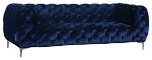meridian furniture mercer collection modern | contemporary low back, velvet upholstered sofa with deep button tufting, and custom chrome legs, navy, 91" w x 35" d x 28.5" h
