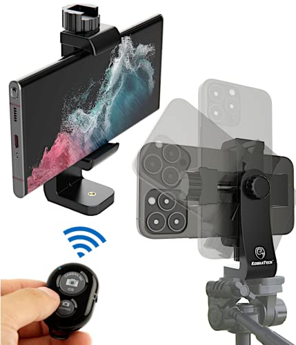 KobraTech Cell Phone Tripod Mount Adapter with Bluetooth Remote | Fits Any Size Smartphone Including iPhone 14 Plus, Pro Max, S23 Ultra and More | iPhone Tripod Mount Holder with Built-in Cold Shoe