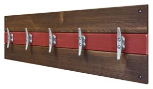 cape may boat cleat clothing, coat or towel rack, nautical home decor, coat hooks - available in 20 colors - shown in special walnut and sundried tomato red - handmade in the usa