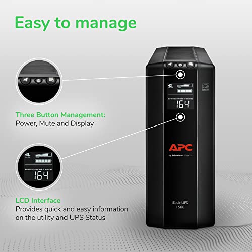 APC UPS 1500VA UPS Battery Backup and Surge Protector, BX1500M Backup Battery Power Supply, AVR, Dataline Protection