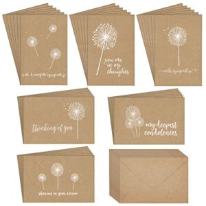 36 pack blank sympathy cards with envelopes, bulk kraft paper condolence cards with envelopes for bereavement, thinking of you, white dandelion design, blank inside (4x6 in)