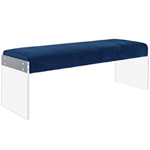 modway roam modern upholstered bench with acrylic base in navy velvet