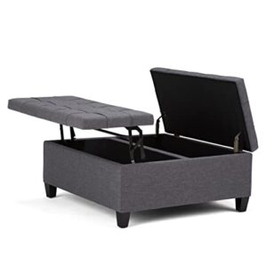 simplihome harrison 36 inch wide square coffee table lift top storage ottoman in upholstered slate grey tufted linen look fabric for the living room,