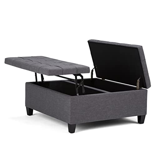 SIMPLIHOME Harrison 36 inch Wide Square Coffee Table Lift Top Storage Ottoman in Upholstered Slate Grey Tufted Linen Look Fabric for the Living Room,