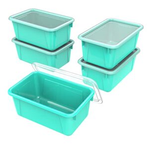 storex small cubby bins – plastic storage containers for classroom with non-snap lid, 12.2 x 7.8 x 5.1 inches, teal, 5-pack (62412u05c)
