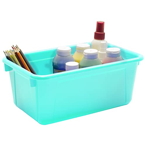 Storex Small Cubby Bins – Plastic Storage Containers for Classroom with Non-Snap Lid, 12.2 x 7.8 x 5.1 inches, Teal, 5-Pack (62412U05C)