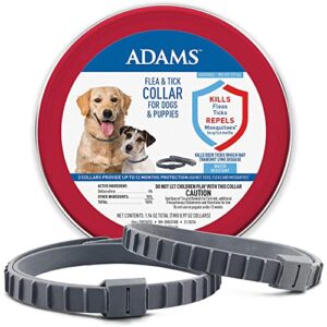 adams flea & tick collar for dogs & puppies |2 pack |12 months protection |adjustable one size collar fits all dogs 12 weeks & older |kills fleas & ticks |repels mosquitoes (excluding california)