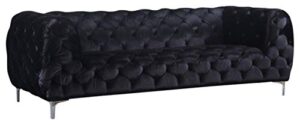 meridian furniture mercer collection modern | contemporary low back, velvet upholstered sofa with deep button tufting, and custom chrome legs, black, 91" w x 35" d x 28.5" h