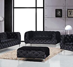 Meridian Furniture Mercer Collection Modern | Contemporary Low Back, Velvet Upholstered Sofa with Deep Button Tufting, and Custom Chrome Legs, Black, 91" W x 35" D x 28.5" H