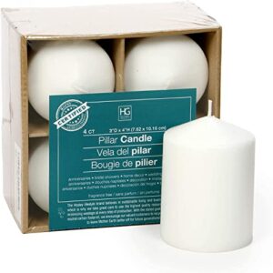 hosley 4"high white unscented pillar candles set of 4. ideal for wedding, emergency lanterns, spa, aromatherapy, party, reiki, candle gardens
