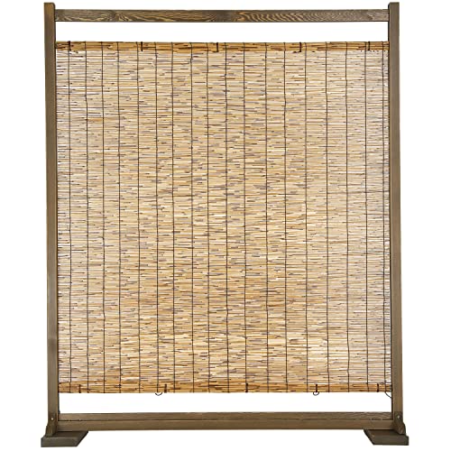 MyGift Large Semi Private Reed Single Panel Privacy Screen Room Divider with Rustic Brown Wood Frame