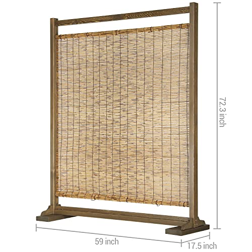 MyGift Large Semi Private Reed Single Panel Privacy Screen Room Divider with Rustic Brown Wood Frame