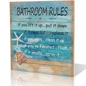 seashells bathroom rules wall sign for bathroom decor, funny bathroom wall decor wall art for beach house, cute beach sign plaque- 12 x 12 inchs