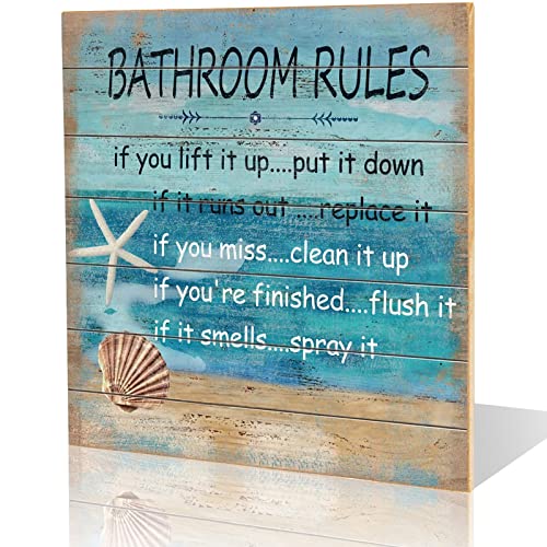 Seashells Bathroom Rules Wall Sign for Bathroom Decor, Funny Bathroom Wall Decor Wall Art For Beach House, Cute Beach Sign Plaque- 12 x 12 Inchs