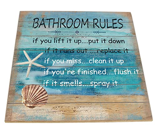 Seashells Bathroom Rules Wall Sign for Bathroom Decor, Funny Bathroom Wall Decor Wall Art For Beach House, Cute Beach Sign Plaque- 12 x 12 Inchs