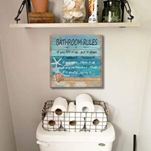 Seashells Bathroom Rules Wall Sign for Bathroom Decor, Funny Bathroom Wall Decor Wall Art For Beach House, Cute Beach Sign Plaque- 12 x 12 Inchs