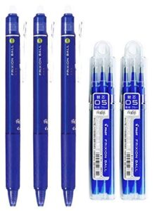 pilot frixion ball knock retractable erasable gel ink pens, extra fine point 0.5mm, blue ink, 3 pens & 6 refills value set