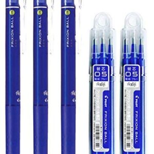 Pilot FriXion Ball Knock Retractable Erasable Gel Ink Pens, Extra Fine Point 0.5mm, Blue Ink, 3 Pens & 6 Refills Value Set