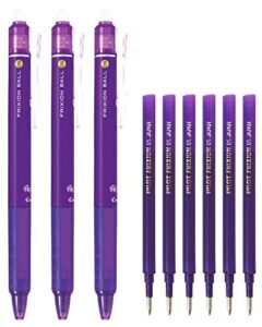 pilot frixion ball knock retractable erasable gel ink pens, extra fine point 0.5mm, violet ink, 3 pens & 6 refills value set