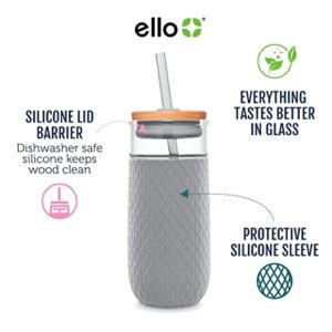 Ello Devon Glass Tumbler with Protective No Sweat Silicone Sleeve and Splash Proof Wooden Detail Lid with Straw, 18 oz