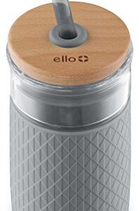 Ello Devon Glass Tumbler with Protective No Sweat Silicone Sleeve and Splash Proof Wooden Detail Lid with Straw, 18 oz