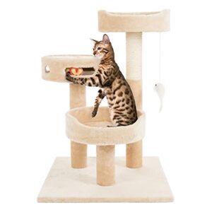 petmaker 3-tier cat tower collection - 2 carpeted napping perches, sisal rope scratching post, hanging mouse, and interactive cheese wheel toy